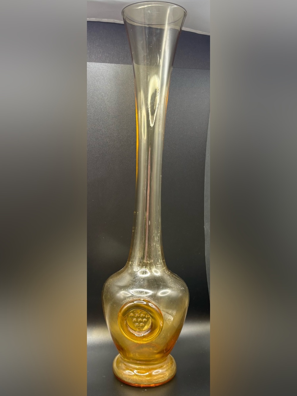 Vintage Amber Glass Bud Vase Applied Grape Seal Medallion MCM 13” Solifleur